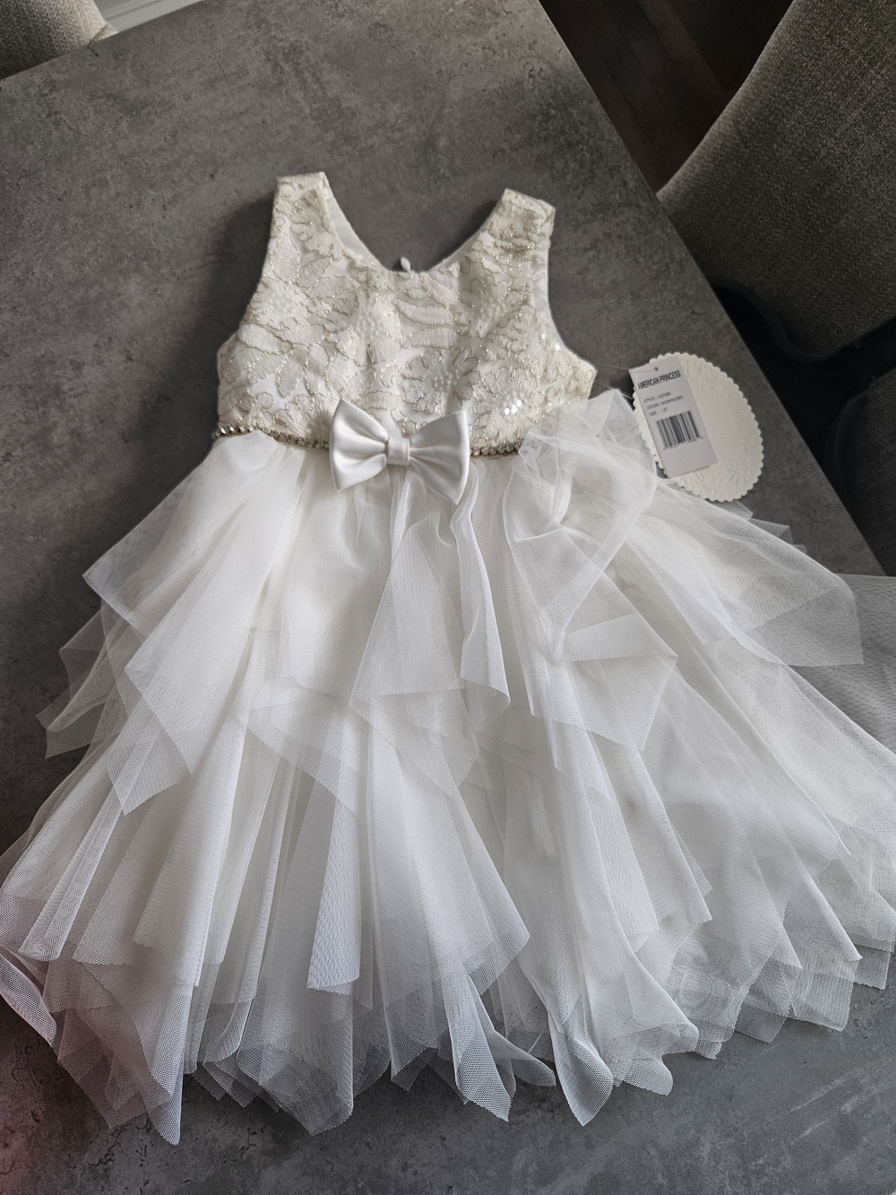 American Princess Ivory Lace & Tulle Bow Flower Girl Dress